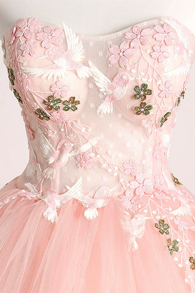 Pink Tulle Strapless Layered Floral Long Prom Dresses. Pink Tulle Formal Evening Dresses, Pink Ball Gown WT1186