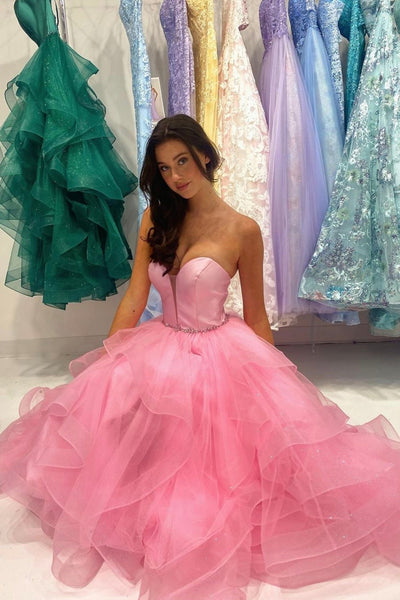 Pink Tulle Sweetheart Neck Strapless Long Prom Dresses with Belt, Strapless Pink Formal Evening Dresses WT1121