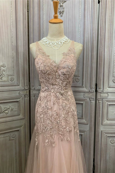 Pink Tulle V Neck Beaded Lace Long Prom Dresses, Pink Lace Formal Dresses, Beaded Pink Evening Dresses WT1181