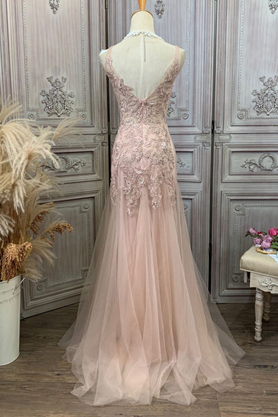Pink Tulle V Neck Beaded Lace Long Prom Dresses, Pink Lace Formal Dresses, Beaded Pink Evening Dresses WT1181
