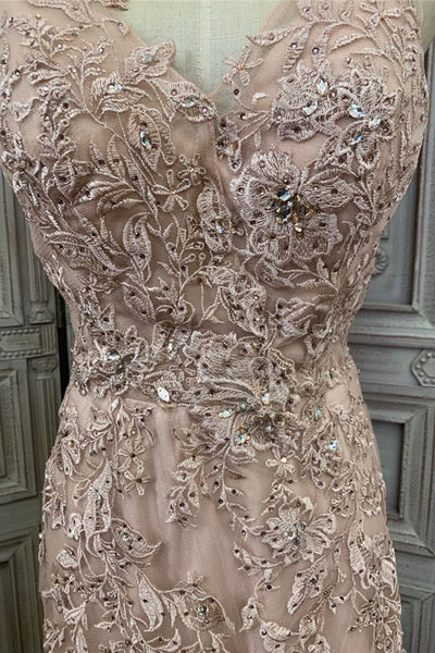 Pink Tulle V Neck Beaded Lace Long Prom Dresses, Pink Lace Formal Dresses, Beaded Pink Evening Dresses WT1181