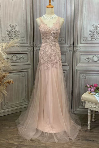 Pink Tulle V Neck Beaded Lace Long Prom Dresses, Pink Lace Formal Dresses, Beaded Pink Evening Dresses WT1181