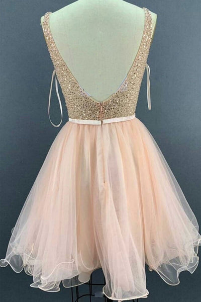 Pink Tulle V Neck Open Sequins Short Prom Dresses, V Neck Pink Homecoming Dresses, Pink Sequin Formal Evening Dresses