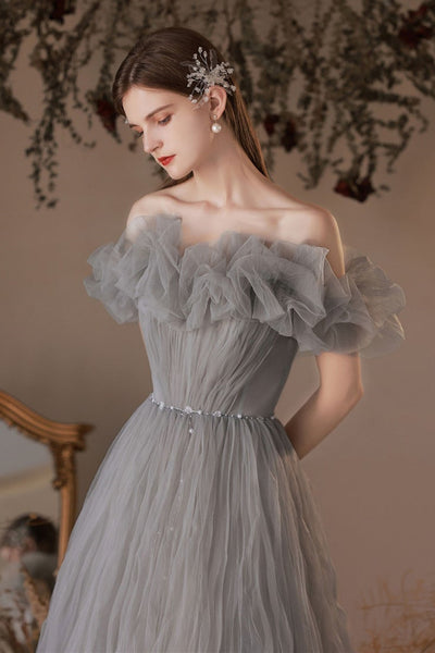 Pretty Off Shoulder Gray Tulle Long Prom Dresses with Belt, Off the Shoulder Gray Formal Dresses, Grey Evening Dresses