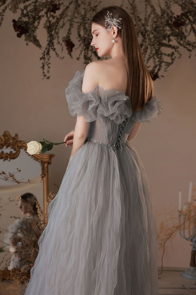 Pretty Off Shoulder Gray Tulle Long Prom Dresses with Belt, Off the Shoulder Gray Formal Dresses, Grey Evening Dresses