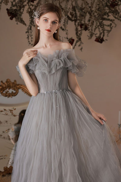 Pretty Off Shoulder Gray Tulle Long Prom Dresses with Belt, Off the Shoulder Gray Formal Dresses, Grey Evening Dresses