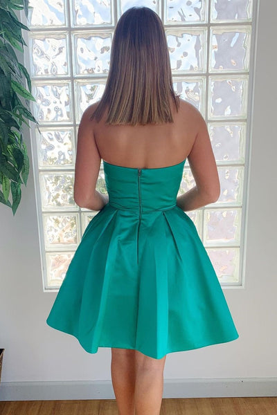 Pretty Strapless Green Satin Short Prom Dresses, Beaded Green Homecoming Dresses, Short Green Formal Evening Dresses WT1016