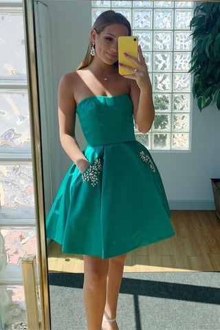 Pretty Strapless Green Satin Short Prom Dresses, Beaded Green Homecoming Dresses, Short Green Formal Evening Dresses WT1016