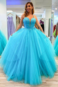 Princess Blue Lace Tulle Long Prom Dresses, Blue Lace Formal Dresses, Blue Evening Dresses