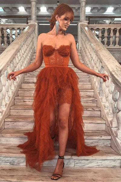 Princess Burgundy/Black/White Lace Tulle Long Prom Dresses High Low Strapless Maroon/Black/White Lace Formal Graduation Evening Dresses