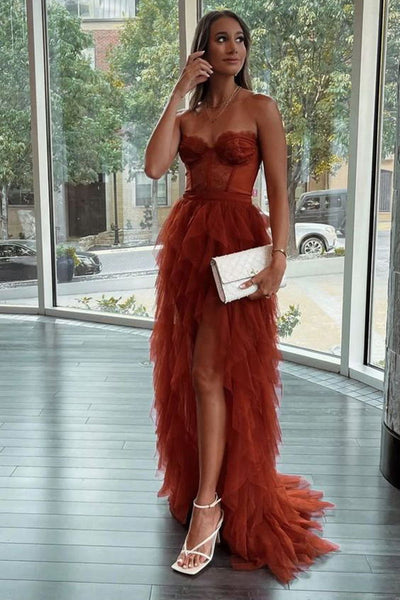 Princess Burgundy/Black/White Lace Tulle Long Prom Dresses High Low Strapless Maroon/Black/White Lace Formal Graduation Evening Dresses