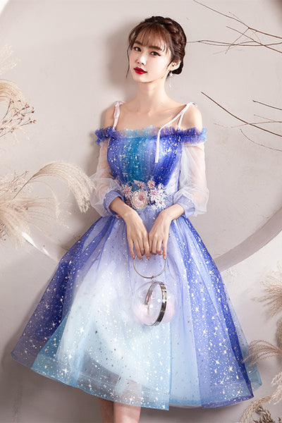 Princess Long Sleeves Floral Lace Tulle Short Prom Homecoming Dresses, Short Floral Formal Graduation Evening Dresses WT1007