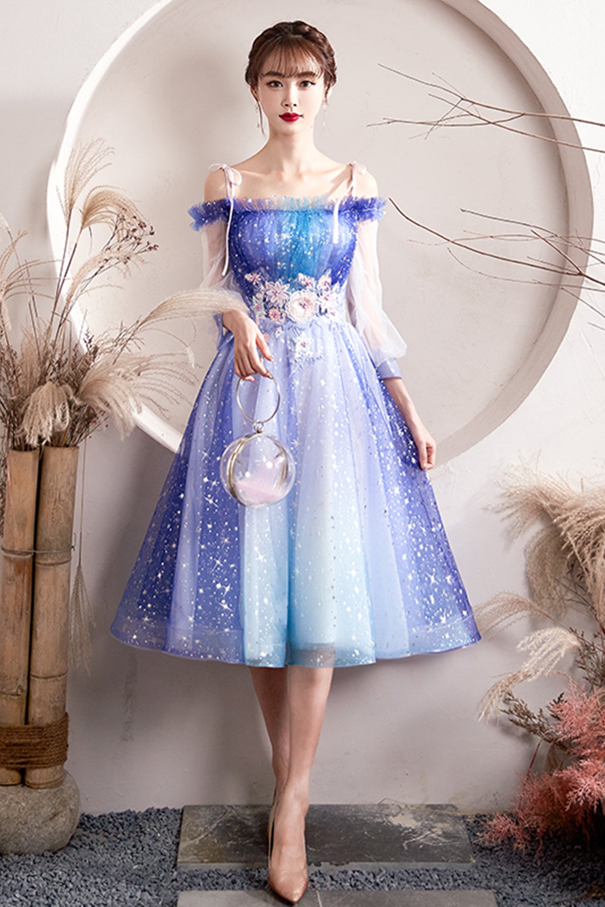 Princess Long Sleeves Floral Lace Tulle Short Prom Homecoming Dresses, Short Floral Formal Graduation Evening Dresses WT1007