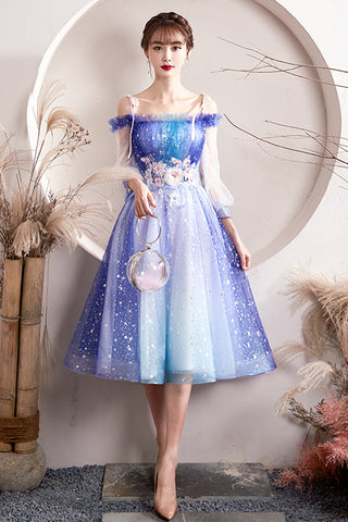 Princess Long Sleeves Floral Lace Tulle Short Prom Homecoming Dresses, Short Floral Formal Graduation Evening Dresses WT1007