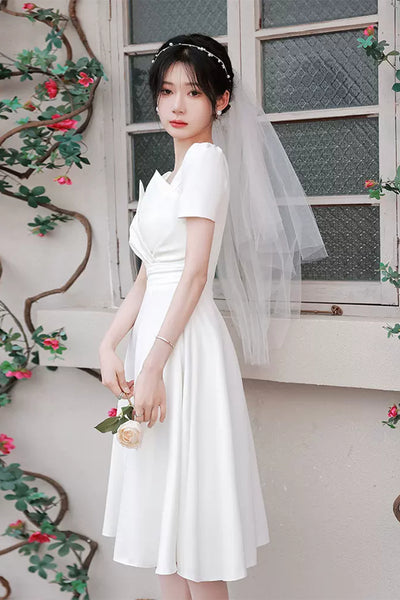 Princess Short Sleeves White Satin Short Prom Homecoming Dresses, White Formal Graduation Evening Dresses WT1012