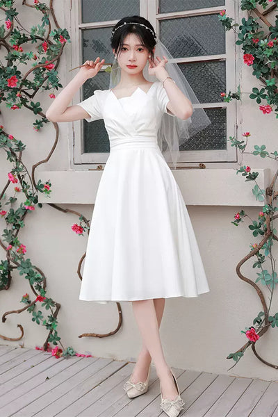 Princess Short Sleeves White Satin Short Prom Homecoming Dresses, White Formal Graduation Evening Dresses WT1012