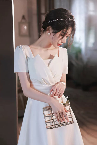 Princess Short Sleeves White Satin Short Prom Homecoming Dresses, White Formal Graduation Evening Dresses WT1012