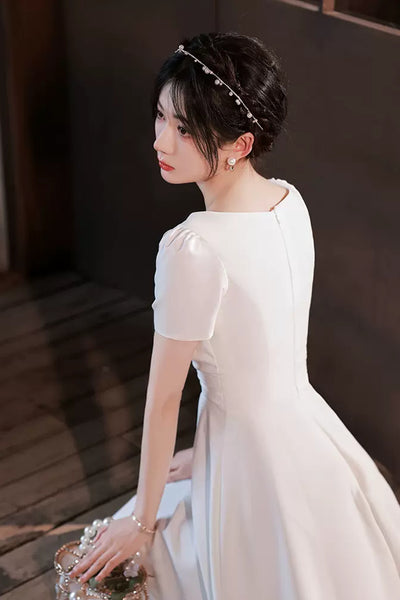 Princess Short Sleeves White Satin Short Prom Homecoming Dresses, White Formal Graduation Evening Dresses WT1012