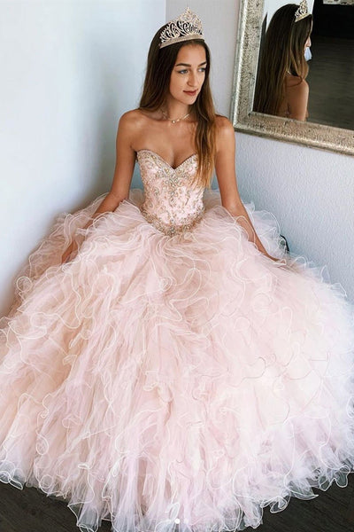 Princess Strapless Beaded Pink Long Prom Dresses, Beaded Pink Formal Evening Dresses