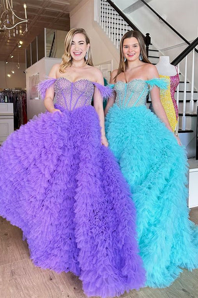 Purple/Teal Tulle Princess Off Shoulder Beaded Long Prom Dresses, Purple/Teal Formal Evening Dresses, Ball Gown WT1132