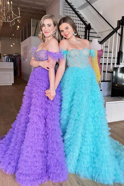 Purple/Teal Tulle Princess Off Shoulder Beaded Long Prom Dresses, Purple/Teal Formal Evening Dresses, Ball Gown WT1132