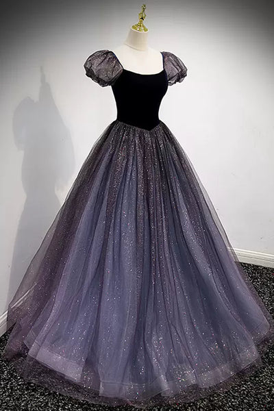 Purple/Burgundy Shiny Tulle Short Sleeves A Line Long Prom Dresses, Purple/Burgundy Tulle Formal Graduation Evening Dresses WT1202