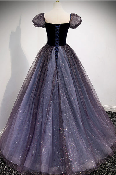 Purple/Burgundy Shiny Tulle Short Sleeves A Line Long Prom Dresses, Purple/Burgundy Tulle Formal Graduation Evening Dresses WT1202