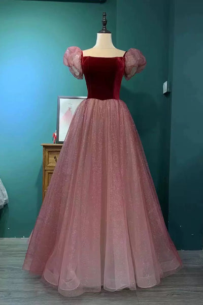 Purple/Burgundy Shiny Tulle Short Sleeves A Line Long Prom Dresses, Purple/Burgundy Tulle Formal Graduation Evening Dresses WT1202