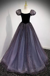 Purple/Burgundy Shiny Tulle Short Sleeves A Line Long Prom Dresses, Purple/Burgundy Tulle Formal Graduation Evening Dresses WT1202