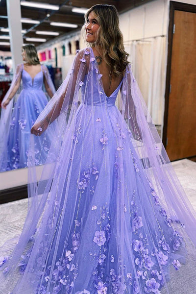 Purple Flowers V Neck Open Back Tulle Long Prom Dresses, Purple Floral Formal Evening Dresses Purple Ball Gown With 3D Flowers WT1125