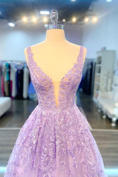 Purple Lace A Line V Neck Tulle Long Prom Dresses, Purple Lace Formal Graduation Evening Dresses WT1062
