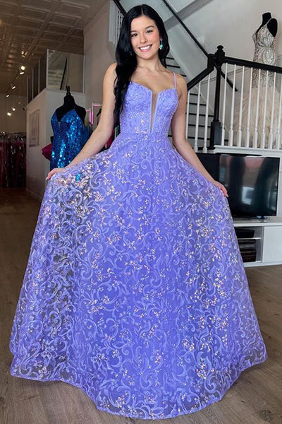 Purple Lace V Neck Open Back Long Prom Dresses, Purple Lace Formal Dresses, Purple Evening Dresses WT1095