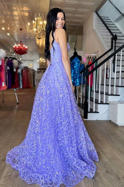Purple Lace V Neck Open Back Long Prom Dresses, Purple Lace Formal Dresses, Purple Evening Dresses WT1095