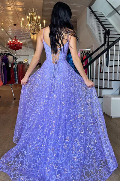 Purple Lace V Neck Open Back Long Prom Dresses, Purple Lace Formal Dresses, Purple Evening Dresses WT1095