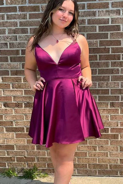 Purple Satin A Line V Neck Short Prom Dresses, V Neck Purple Homecoming Dresses, Purple Formal Evening Dresses WT1029
