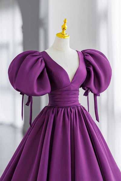 Purple Satin Puff Sleeves Open Back Long Prom Dresses, Long Purple Formal Evening Dresses, Ball Gown WT1703
