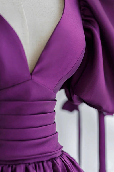 Purple Satin Puff Sleeves Open Back Long Prom Dresses, Long Purple Formal Evening Dresses, Ball Gown WT1703