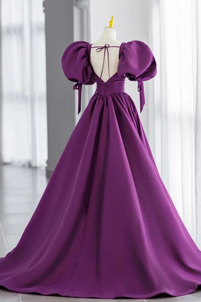 Purple Satin Puff Sleeves Open Back Long Prom Dresses, Long Purple Formal Evening Dresses, Ball Gown WT1703