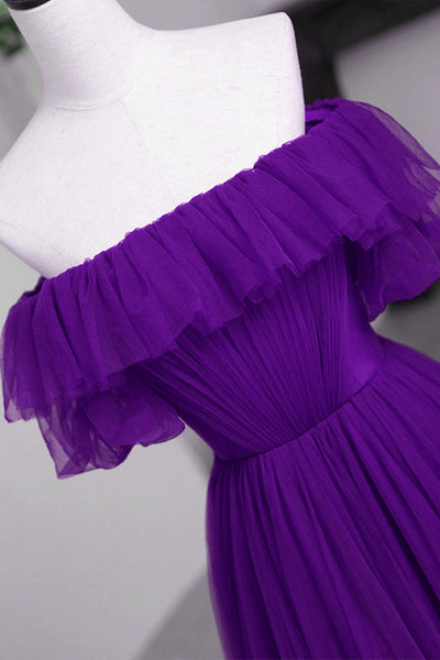 Purple Tulle Elegant Off Shoulder Long Prom Dresses, Off the Shoulder Purple Formal Dresses, Purple Evening Dresses WT1144