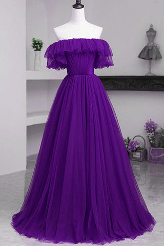 Purple Tulle Elegant Off Shoulder Long Prom Dresses, Off the Shoulder Purple Formal Dresses, Purple Evening Dresses WT1144