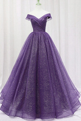 Purple Tulle Off the Shoulder Long Prom Dresses, Shiny Purple Formal Evening Dresses WT1136