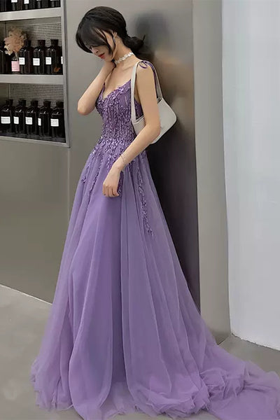 Purple Tulle V Neck Open Back Beaded Long Prom Dresses, Purple Tulle Formal Dresses, Beaded Purple Evening Dresses WT1195