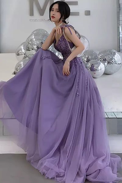 Purple Tulle V Neck Open Back Beaded Long Prom Dresses, Purple Tulle Formal Dresses, Beaded Purple Evening Dresses WT1195