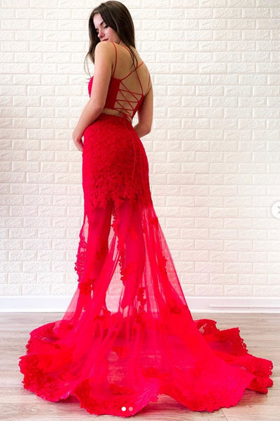 Red Lace Mermaid Two Pieces Backless Long Prom Dresses, 2 Pieces Red Lace Formal Dresses, Red Lace Evening Dresses
