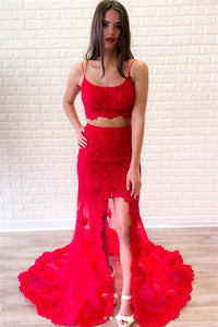 Red Lace Mermaid Two Pieces Backless Long Prom Dresses, 2 Pieces Red Lace Formal Dresses, Red Lace Evening Dresses