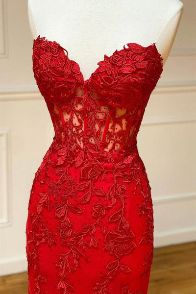 Red Lace Strapless Mermaid Long Prom Dresses, Mermaid Red Formal Dresses, Red Lace Evening Dresses WT1063