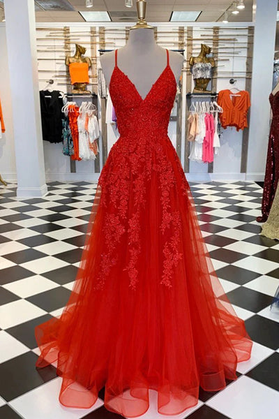 Red Lace V Neck Tulle Long Prom Dresses with High Slit, Red Lace Floral Formal Dresses, Red Evening Dresses WT1142