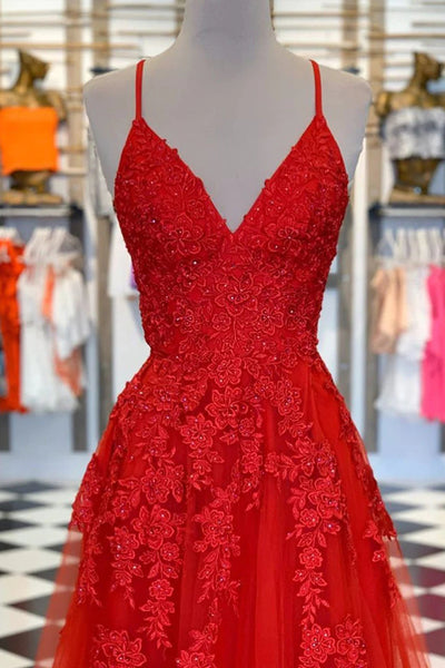Red Lace V Neck Tulle Long Prom Dresses with High Slit, Red Lace Floral Formal Dresses, Red Evening Dresses WT1142