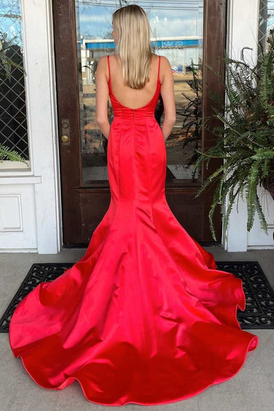 Red Mermaid Open Back Long Prom Dresses, Mermaid Red Formal Dresses, Red Evening Dresses WT1212
