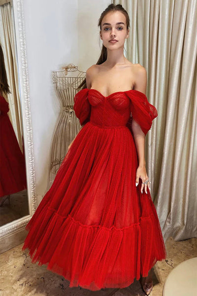 Red Tulle Off Shoulder Tea Length Prom Dresses, Red Homecoming Dresses, Off the Shoulder Formal Evening Dresses WT1038